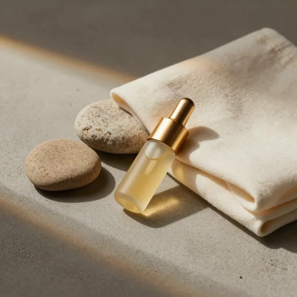 Top-down flat lay of a mango CBD pod with stones and a cream cloth on concrete.