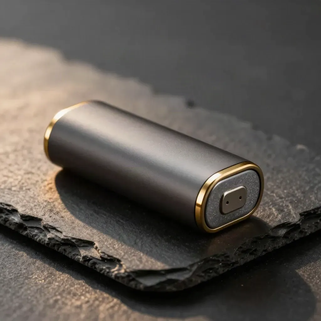 Macro of a charcoal pocket pod battery with a gold ring and graphite stone in a dark seam.