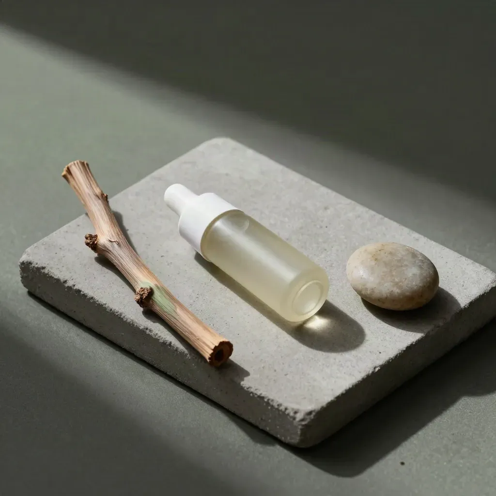 Overhead flatlay of a CBD pod with cedar twig and river pebble on concrete.