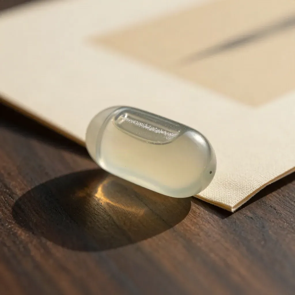 Macro side profile of a mint CBD pod with pale oil, frosted glass chips, and cream linen.