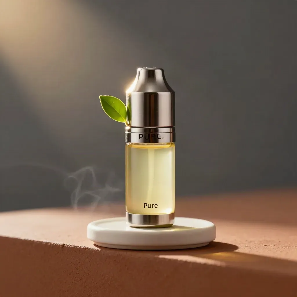 Glowing refill cartridge with yellow oil, metal collar and lemon leaf on terracotta.